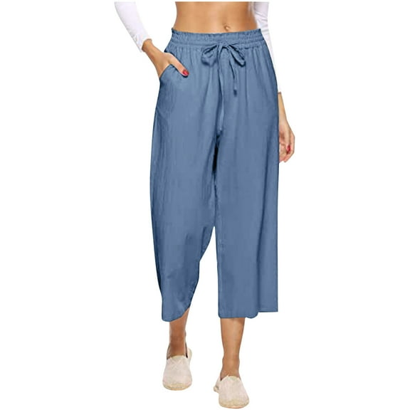 Women Cotton Linen Pants Ladies Casual Cropped Trousers with Pockets Drawstring Elasticated Waist Pants Wide Leg Loose Fit Joggers Bottom Plain Causal Trousers Sweatpants