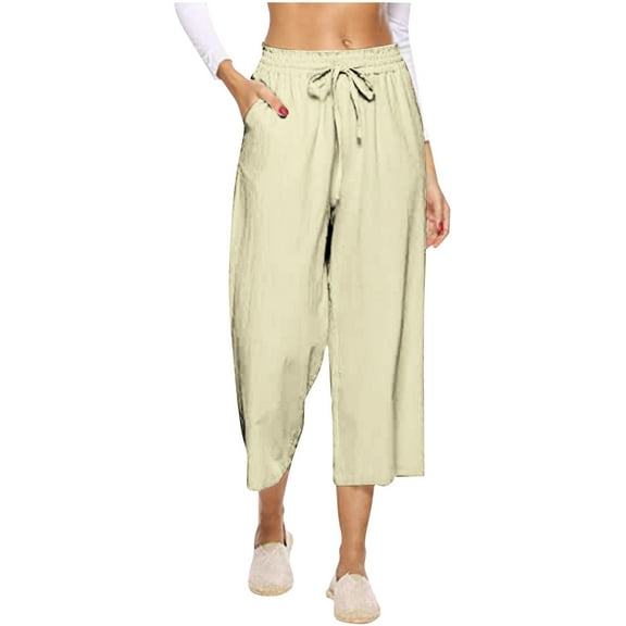 Women Cotton Linen Pants Ladies Casual Cropped Trousers with Pockets Drawstring Elasticated Waist Pants Wide Leg Loose Fit Joggers Bottom Plain Causal Trousers Sweatpants