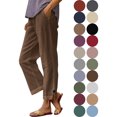 thumbnail image 1 of Women Cotton Linen Pants Plus Size Elastic Waisted Ankle Work Pants Solid Color Button Open Straight Leg Casual Pants, 1 of 7