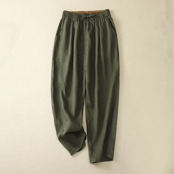 Women Cotton Linen Pants Solid Color Straight Wide Leg Drawstring Elastic High Waist Casual Loose Fit Long Pants with Pockets,Green 1,M