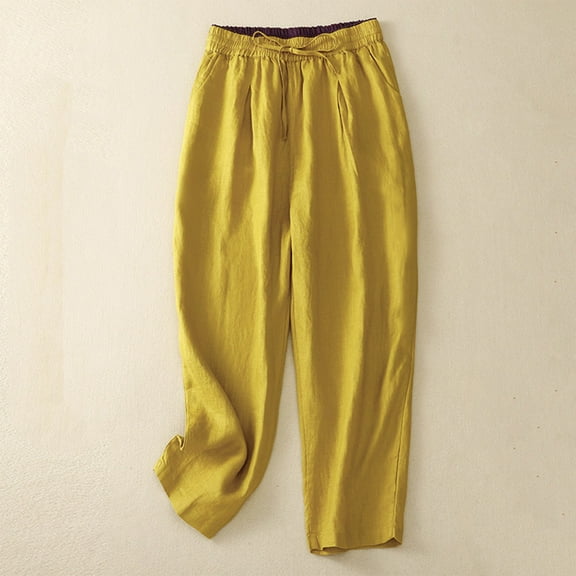 Women Cotton Linen Pants Solid Color Straight Wide Leg Drawstring Elastic High Waist Casual Loose Fit Long Pants with Pockets,Yellow,L
