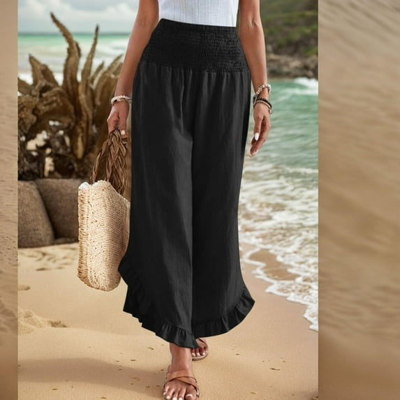 Women Cotton Linen Pants Summer Wide Leg Pants Smocked Waist Ruffle Hem Pant Vacation Boho Flowy Beach Pant Black L