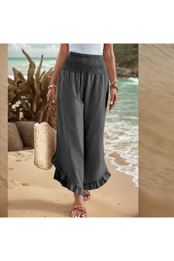 Women Cotton Linen Pants Summer Wide Leg Pants Smocked Waist Ruffle Hem Pant Vacation Boho Flowy Beach Pant Dark Gray 3XL