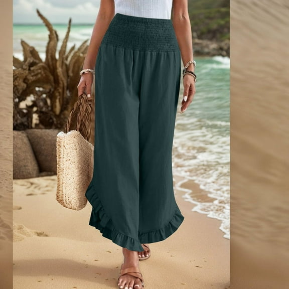 Women Cotton Linen Pants Summer Wide Leg Pants Smocked Waist Ruffle Hem Pant Vacation Boho Flowy Beach Pant Dark Green 2XL