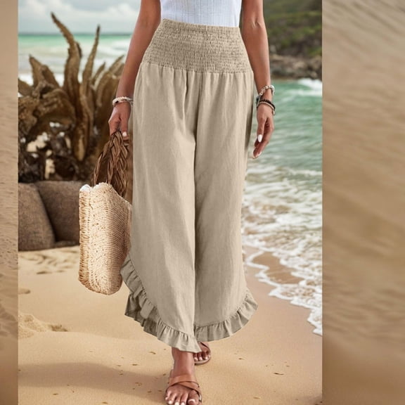 Women Cotton Linen Pants Summer Wide Leg Pants Smocked Waist Ruffle Hem Pant Vacation Boho Flowy Beach Pant Khaki 3XL