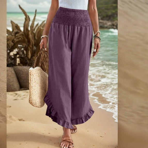 Women Cotton Linen Pants Summer Wide Leg Pants Smocked Waist Ruffle Hem Pant Vacation Boho Flowy Beach Pant Purple 2XL