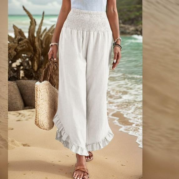 Women Cotton Linen Pants Summer Wide Leg Pants Smocked Waist Ruffle Hem Pant Vacation Boho Flowy Beach Pant White L