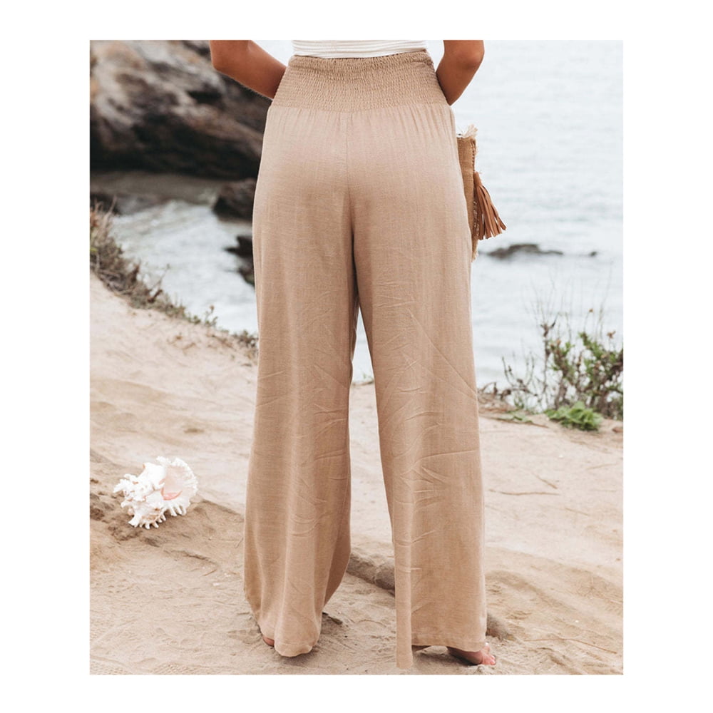 【BAON】[unisex] Leroon Basic Wide Cotton Pants Women Cotton Linen Pants Wide Leg Elastic High Waisted Long