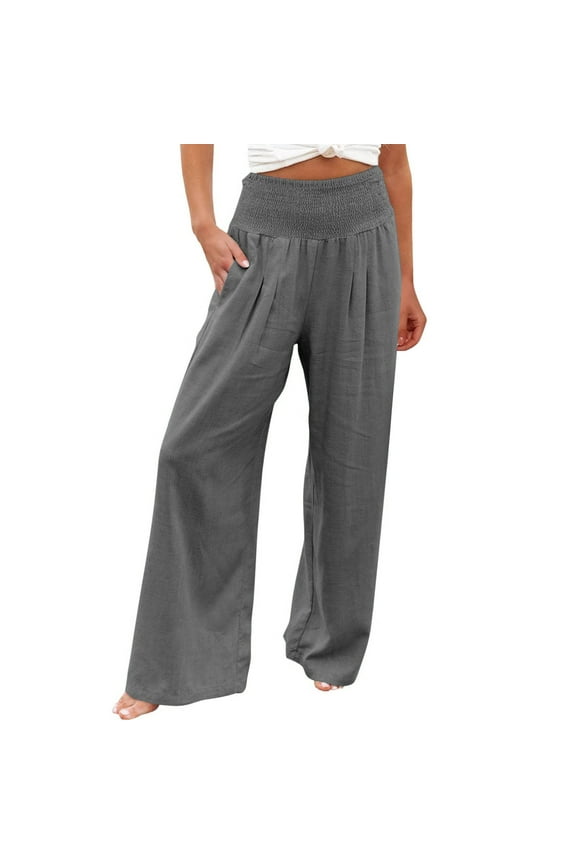 Women Cotton Linen Pants Wide Leg Elastic High Waisted Long Pants for Casual Smocked Pocket Palazzo Pants,Linen Pants for Women Flowy Beach Trouses