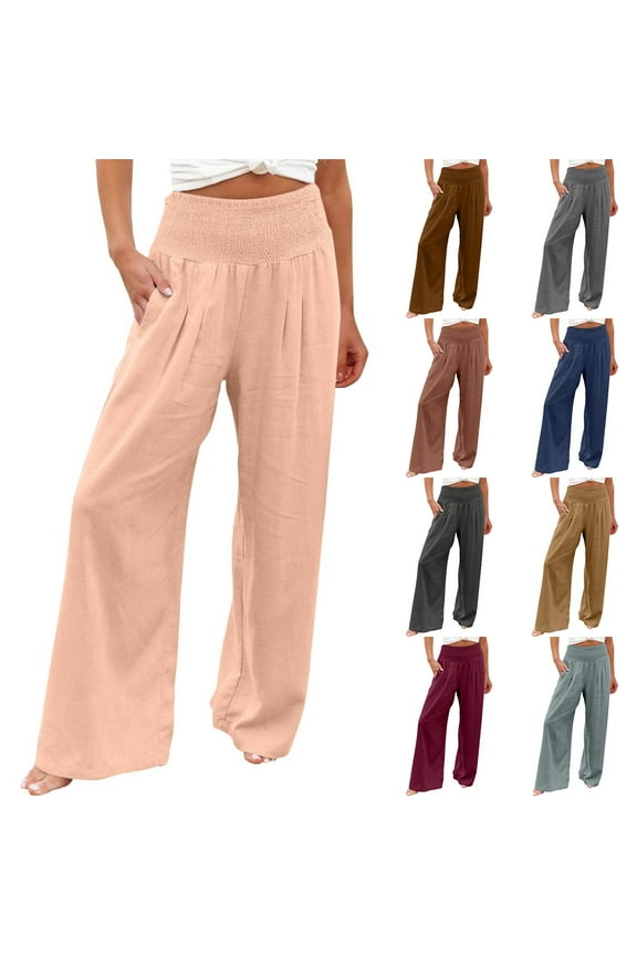 Women Cotton Linen Pants Wide Leg Elastic High Waisted Long Pants for Casual Smocked Pocket Palazzo Pants,Linen Pants for Women Flowy Beach Trouses