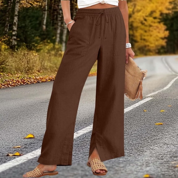 Women Cotton Linen Pants with Pockets High Waist Elastic Drawstring Waisted Trousers with Slit Bottom Causal Spring Pant Coffee 3XL