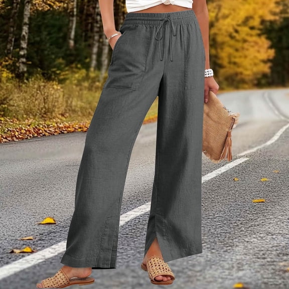Women Cotton Linen Pants with Pockets High Waist Elastic Drawstring Waisted Trousers with Slit Bottom Causal Spring Pant Gray 3XL