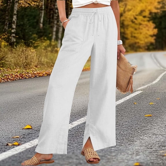 Women Cotton Linen Pants with Pockets High Waist Elastic Drawstring Waisted Trousers with Slit Bottom Causal Spring Pant White 3XL