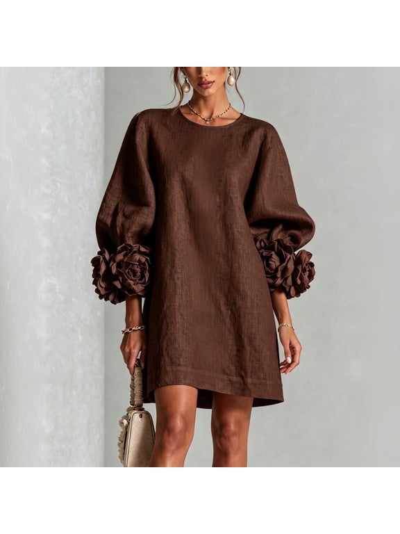 Women Cotton Linen Party Mini Dress Round Neck Front Floral Buttons 3D Rose Cuff Long Puff Sleeve Dress