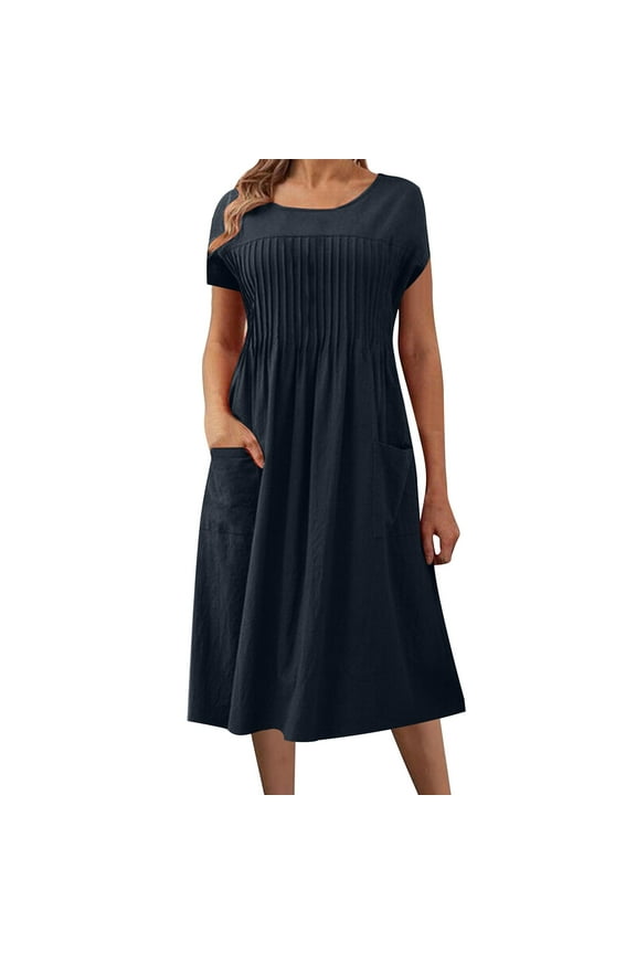 Women Cotton Linen Pleated Midi Dress Crewneck Short Sleeve Flowy Dress A Linen Knee Length Dress with Pocket