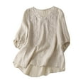 thumbnail image 1 of Women Cotton Linen Shirt Blouse V/Round Neck 3/4 Ruffle Sleeve Summer Fall Retro Embroidered Casual Loose Pleated Tunic Tee Tops,Beige,M, 1 of 5
