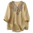thumbnail image 1 of Women Cotton Linen Shirt Blouse V/Round Neck 3/4 Ruffle Sleeve Summer Fall Retro Embroidered Casual Loose Pleated Tunic Tee Tops,Beige,XL, 1 of 5