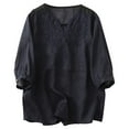 thumbnail image 1 of Women Cotton Linen Shirt Blouse V/Round Neck 3/4 Ruffle Sleeve Summer Fall Retro Embroidered Casual Loose Pleated Tunic Tee Tops,Blue,M, 1 of 5