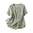thumbnail image 1 of Women Cotton Linen Shirt Blouse V/Round Neck 3/4 Ruffle Sleeve Summer Fall Retro Embroidered Casual Loose Pleated Tunic Tee Tops,Green,L, 1 of 5