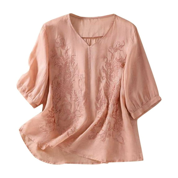 Women Cotton Linen Shirt Blouse V/Round Neck 3/4 Ruffle Sleeve Summer Fall Retro Embroidered Casual Loose Pleated Tunic Tee Tops,Pink,M