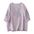 thumbnail image 1 of Women Cotton Linen Shirt Blouse V/Round Neck 3/4 Ruffle Sleeve Summer Fall Retro Embroidered Casual Loose Pleated Tunic Tee Tops,Purple,M, 1 of 5
