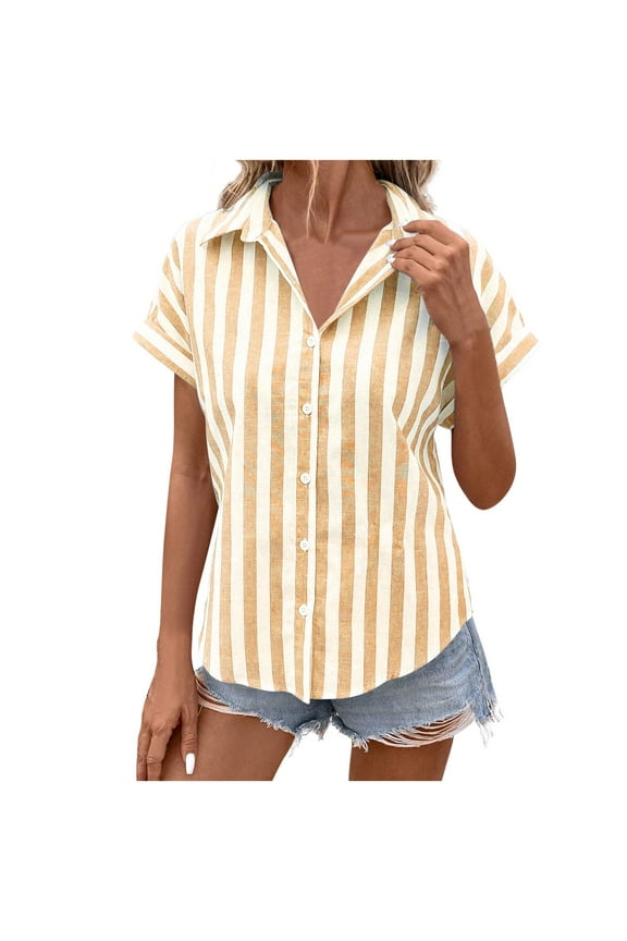 Women Cotton Linen Shirt,Button Down Striped Short Sleeve Blouse Tops Collared T Shirt Back Split Elegant Work Office Business Casual Blouses Pullover Top