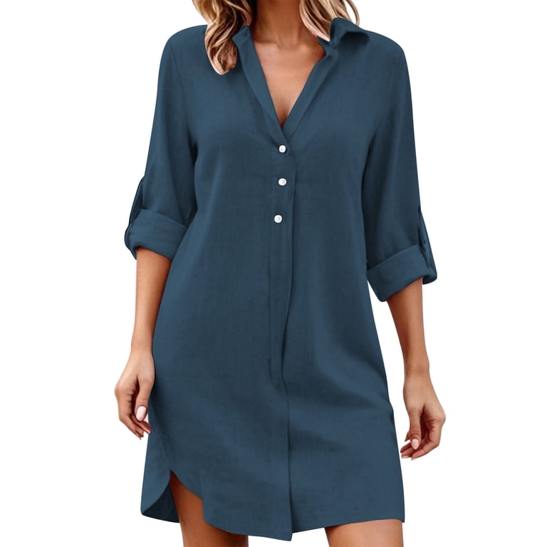 button down beach dress Women Cotton Linen Shirt Classic Fit Long Sleeve Collared Shift Dress for Cover Ups Solitaire Highneck Skate Dress Brunch Outfits up shirt dress has Waist:30