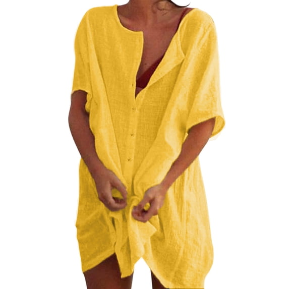 Women Cotton Linen Shirt Dress Solid Color Short Sleeve Button Down Shirts Dresses Swimsuit Beach Cover up Sundress