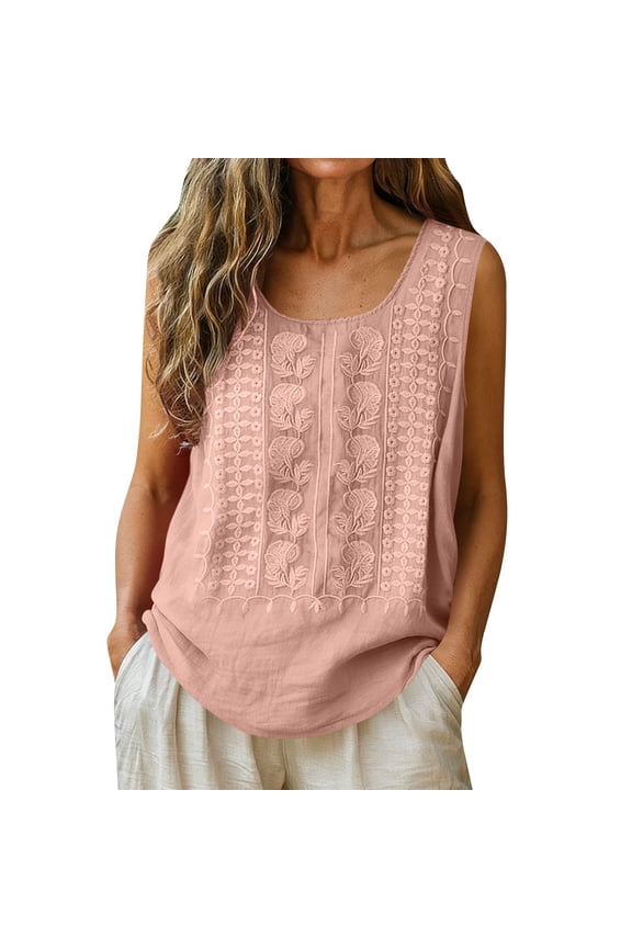 Women Cotton Linen Shirt Trendy Retro Embroidered Sleeveless Boho Blouse Dressy Casual Loose Tunic Fashion