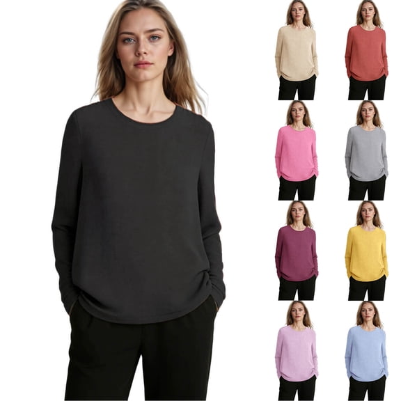 Women Cotton Linen Shirts Casual Basic Crewneck Long Sleeve Pullover Tshirts Trendy Loose Fit Comfy Soft Solid Color Tops