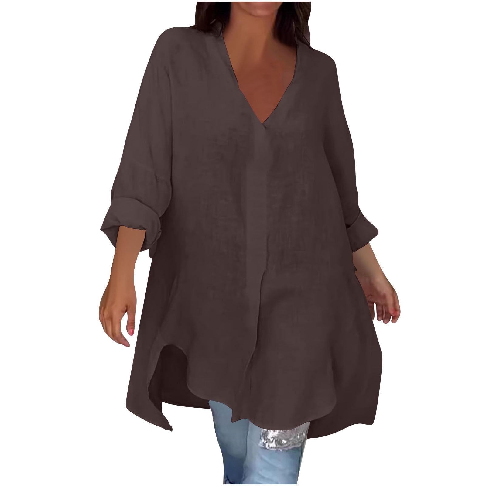 Women Cotton Linen Shirts Dress Long Sleeve Dress Shirts V-neck Blouses Beach Casual Solid Tunic Sundress