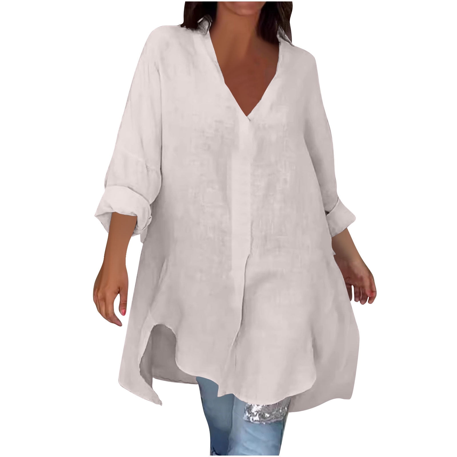 Women Cotton Linen Shirts Dress Long Sleeve Dress Shirts V-neck Blouses Beach Casual Solid Tunic Sundress
