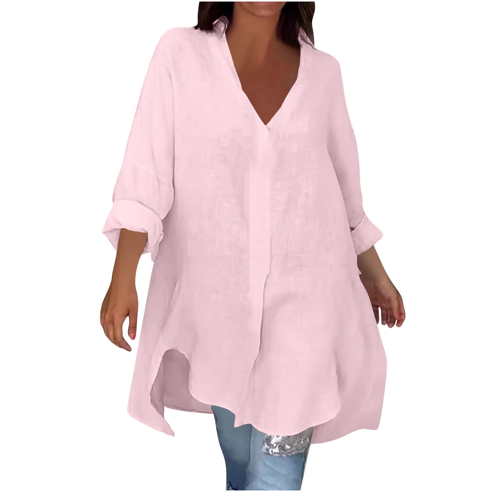 Women Cotton Linen Shirts Dress Long Sleeve Dress Shirts V-neck Blouses Beach Casual Solid Tunic Sundress