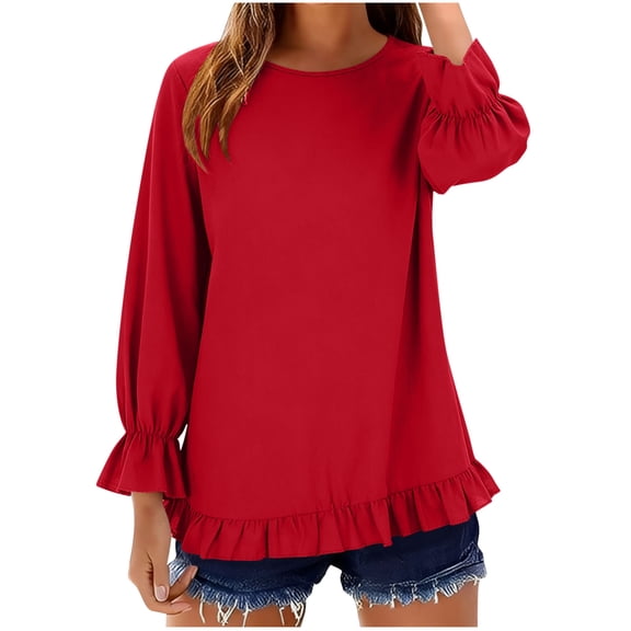 Women Cotton Linen Shirts Summer Casual Crewneck Long Sleeve Ruffle Hem Tshirts Loose Fit Comfy Spring Fall Pullover Tops