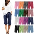 thumbnail image 1 of Women Cotton Linen Shorts Casual Elastic Waist Knee Length Bermuda Shorts Summer Beach Lightweight Capri Pants, 1 of 6