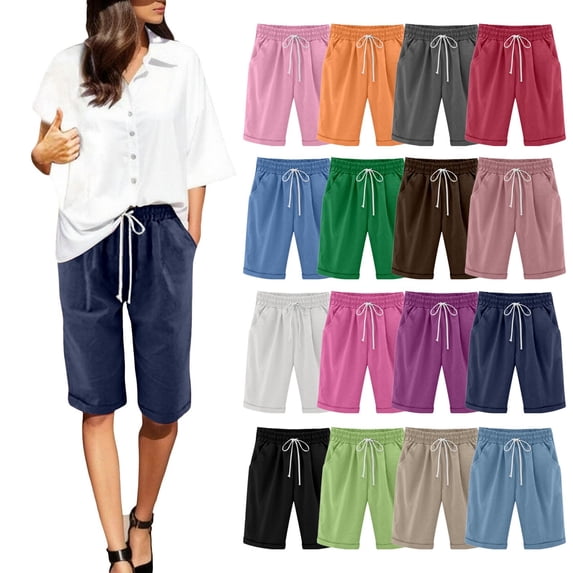 Women Cotton Linen Shorts Casual Elastic Waist Knee Length Bermuda Shorts Summer Beach Lightweight Capri Pants