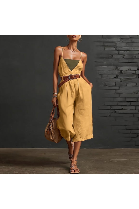 Women Cotton Linen Strap Jumpsuits Casual Sleeveless Capri Jumpsuits Strap Loose Rompers with Pockets