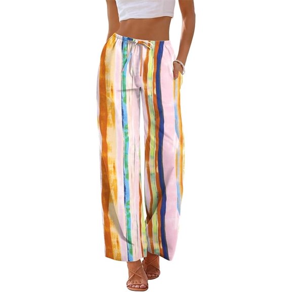 Women Cotton Linen Summer Palazzo Pants Drawstring Waist Wide Leg Lightweight Beach Trousers with Pockets