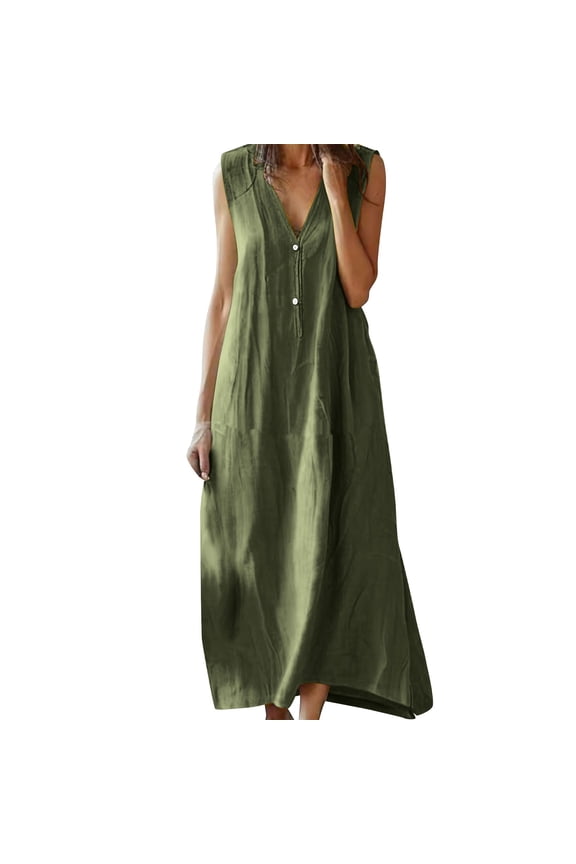 Women Cotton Linen Sundresses 2025 Summer Sleeveless V Neck Flowy Dresses Casual Loose Solid Boho Long Dress