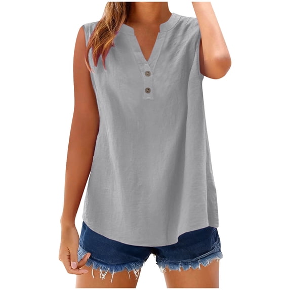 Women Cotton Linen Tank Top Button V Neck Sleeveless Plus Size Loose Tunic Tops with Button Casual Summer Tees (2XL, Gray)