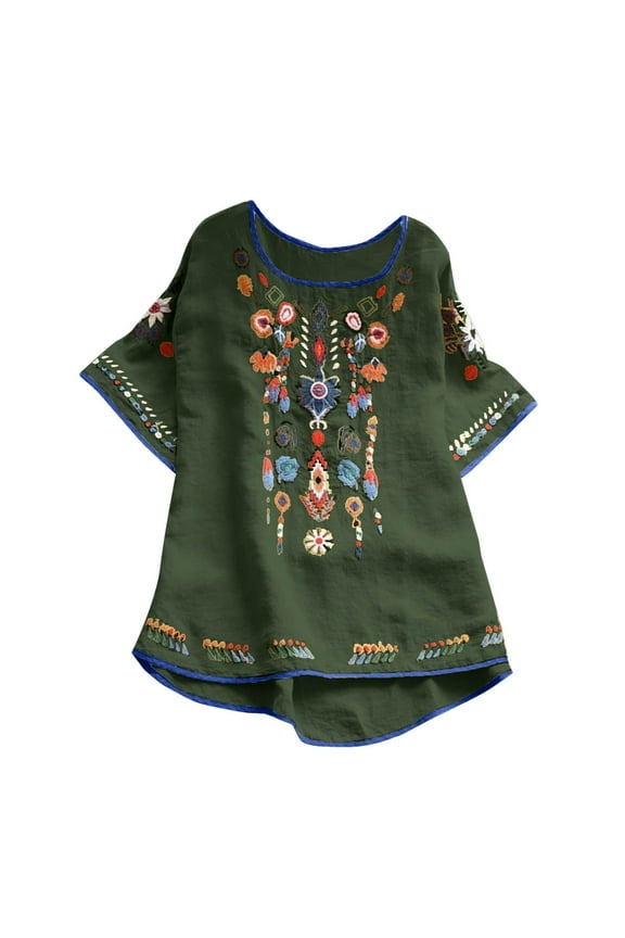 Women Cotton Linen Tops Mexican Embroidered Floral Peasant Blouses Summer Casual Fashion Loose Fit Bohemian Shirts