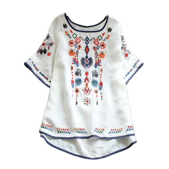 Women Cotton Linen Tops Mexican Embroidered Floral Peasant Blouses Summer Casual Fashion Loose Fit Bohemian Shirts