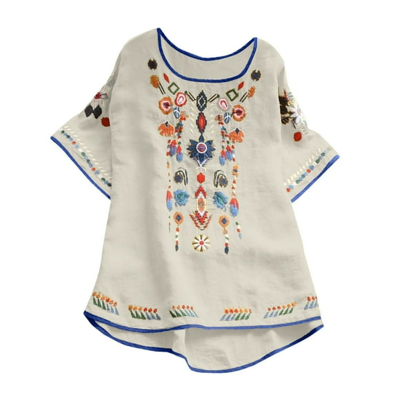 Women Cotton Linen Tops Mexican Embroidered Floral Peasant Blouses Summer Casual Fashion Loose Fit Bohemian Shirts