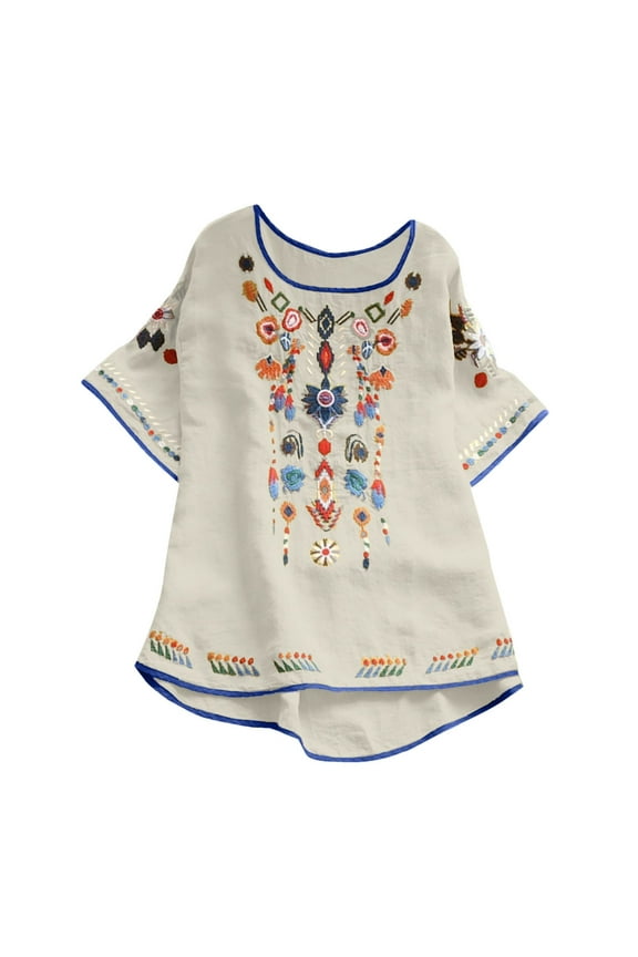 Women Cotton Linen Tops Mexican Embroidered Floral Peasant Blouses Summer Casual Fashion Loose Fit Bohemian Shirts