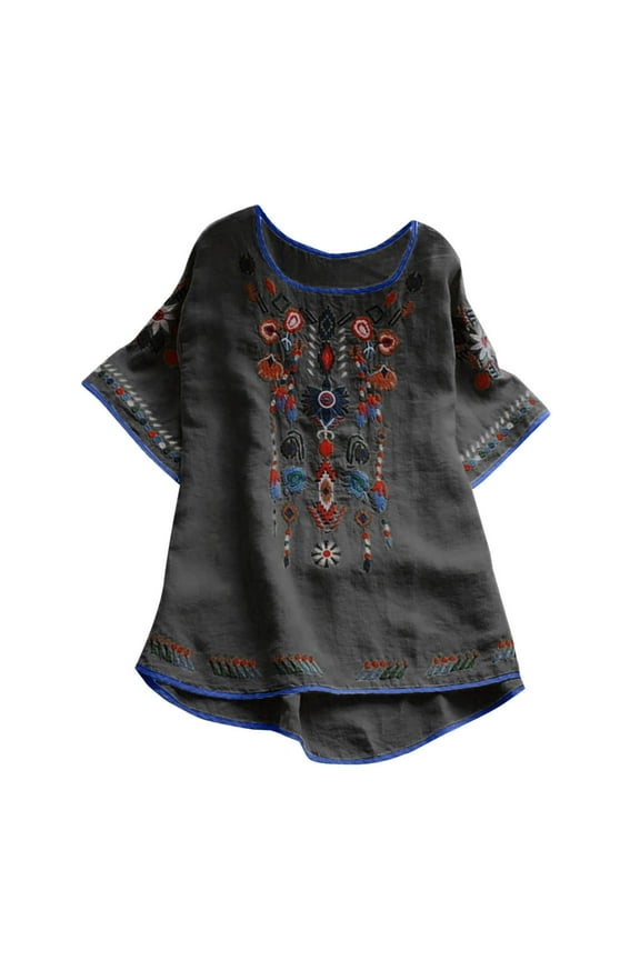 Women Cotton Linen Tops Mexican Embroidered Floral Peasant Blouses Summer Casual Fashion Loose Fit Bohemian Shirts