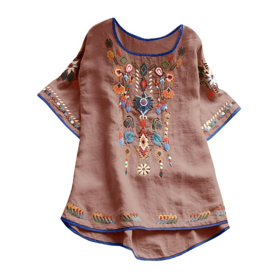 Women Cotton Linen Tops Mexican Embroidered Floral Peasant Blouses Summer Casual Fashion Loose Fit Bohemian Shirts