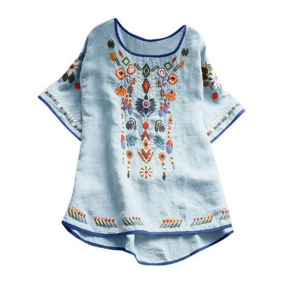 Women Cotton Linen Tops Mexican Embroidered Floral Peasant Blouses Summer Casual Fashion Loose Fit Bohemian Shirts