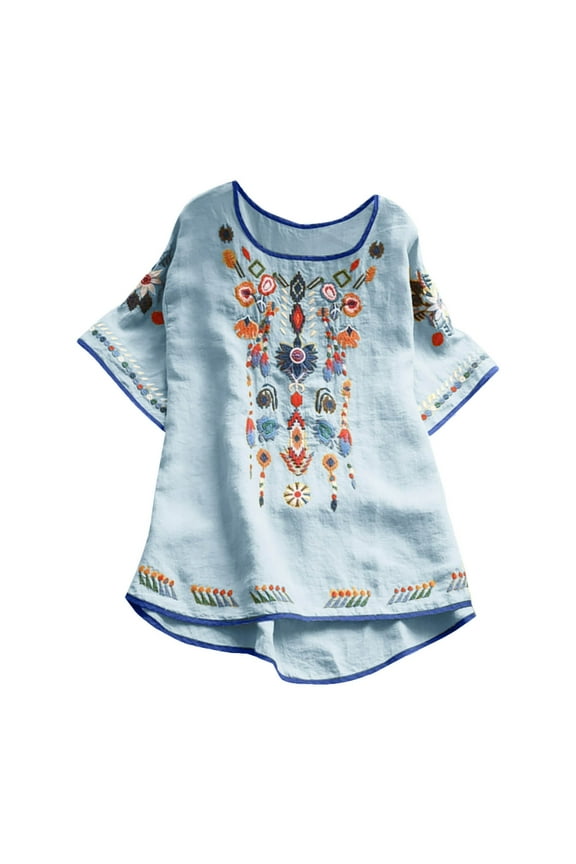 Women Cotton Linen Tops Mexican Embroidered Floral Peasant Blouses Summer Casual Fashion Loose Fit Bohemian Shirts