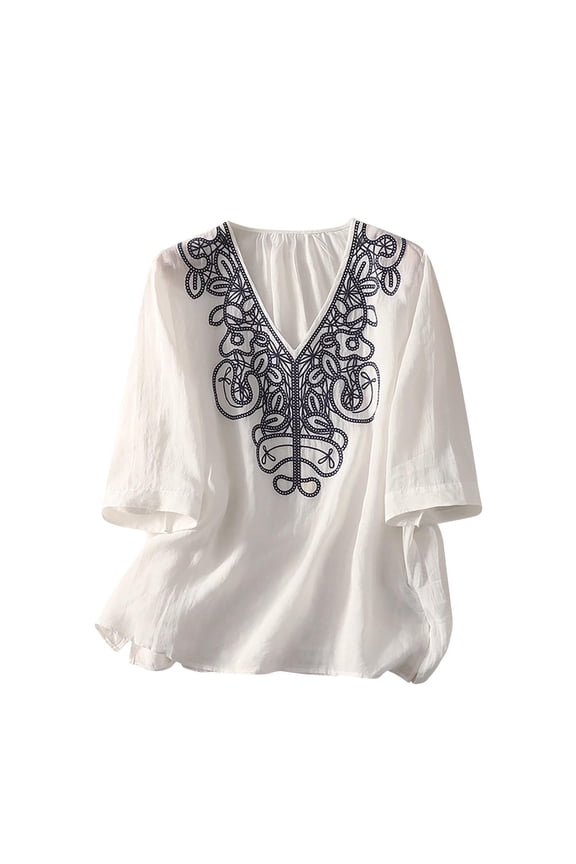 Women Cotton Linen Tops Vintage Floral Embroidered Shirts Summer Half Sleeve Scalloped V-Neck Boho Peasant Blouses