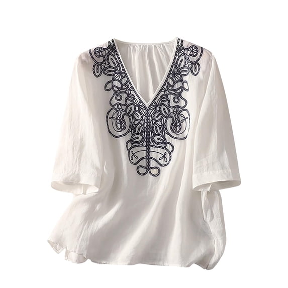 Women Cotton Linen Tops Vintage Floral Embroidered Shirts Summer Half Sleeve Scalloped V-Neck Boho Peasant Blouses